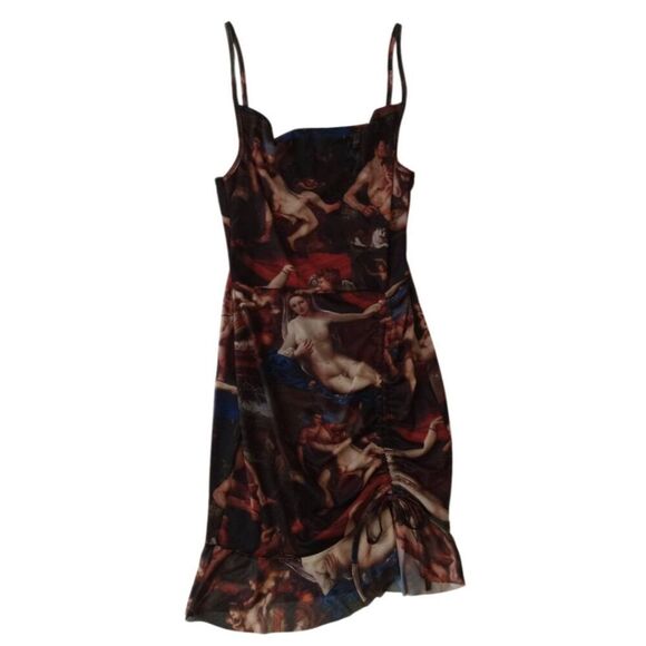 PrettyLittleThing Renaissance Print Ruched Mesh Bodycon Dress Women's Size US 6 - Picture 1 of 12